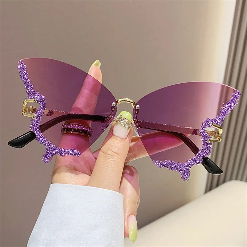 Fashion Sparkling Rhinestone Rimless Butterfly Sunglasses Y2K Women Luxury Brand Vintage Sun Glasses Ladies Eyewear Gafas De Sol