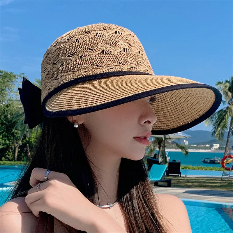 Women Ponytail Straw Sun Hat Wide Brim Visor Summer Adjustable Cap Sun Beach Foldable Hats