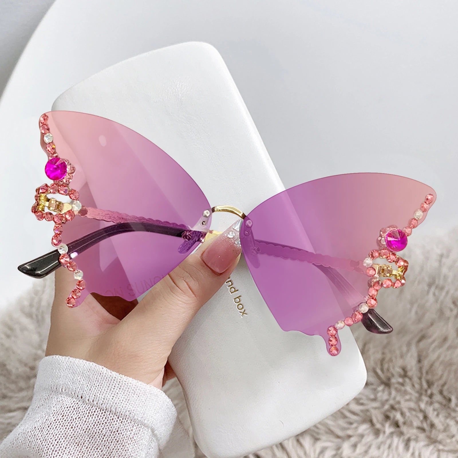 Fashion Sparkling Rhinestone Rimless Butterfly Sunglasses Y2K Women Luxury Brand Vintage Sun Glasses Ladies Eyewear Gafas De Sol