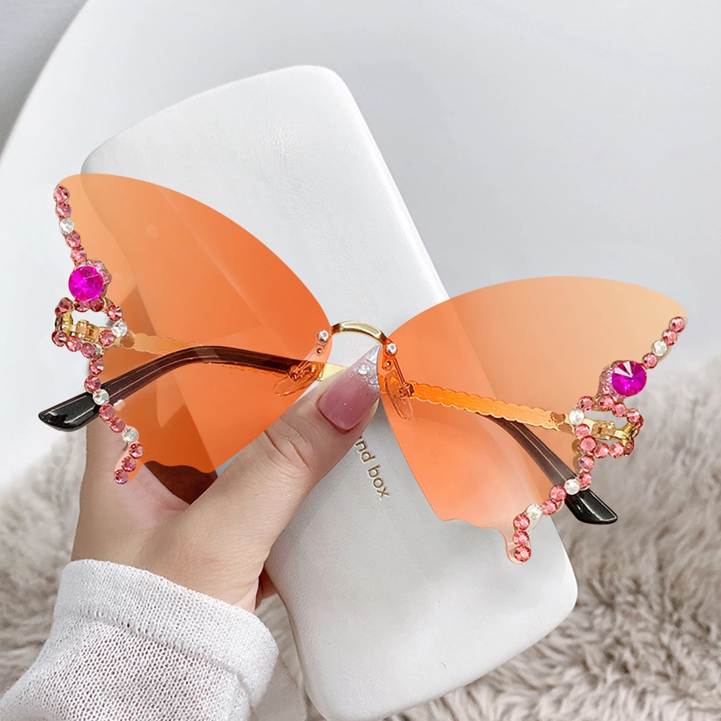 Fashion Sparkling Rhinestone Rimless Butterfly Sunglasses Y2K Women Luxury Brand Vintage Sun Glasses Ladies Eyewear Gafas De Sol