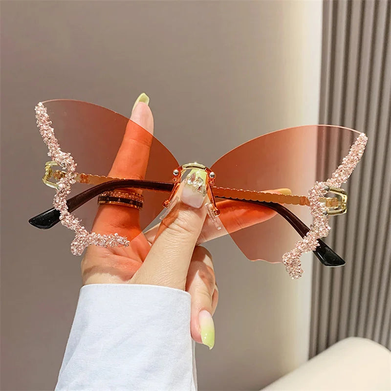 Fashion Sparkling Rhinestone Rimless Butterfly Sunglasses Y2K Women Luxury Brand Vintage Sun Glasses Ladies Eyewear Gafas De Sol