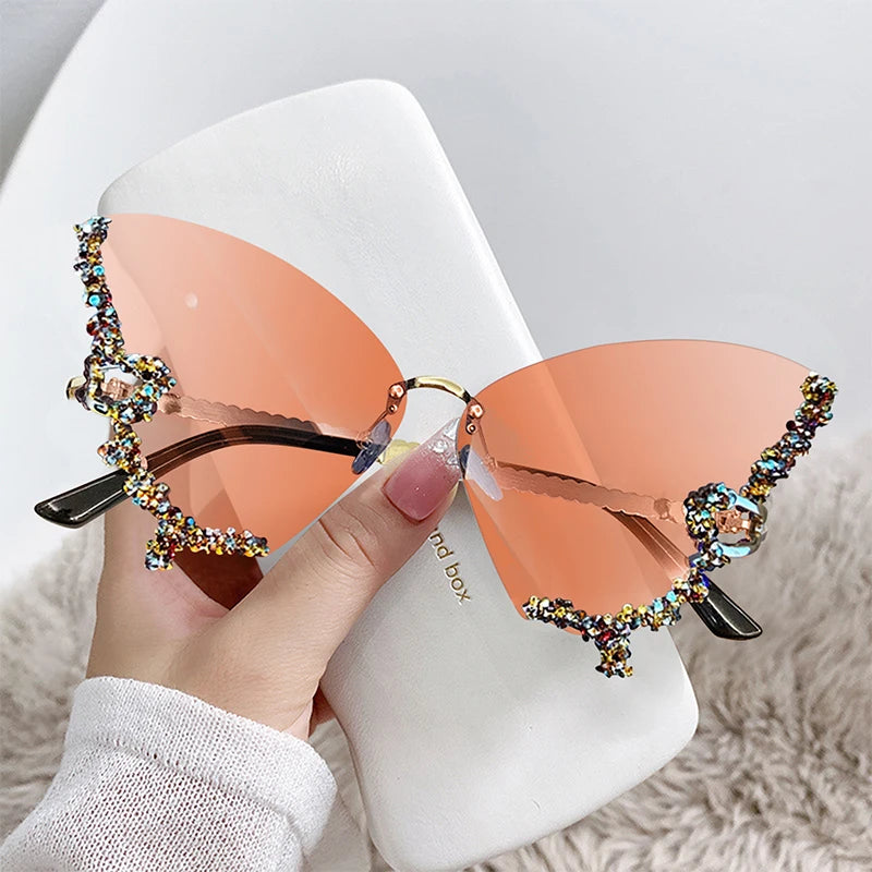 Fashion Sparkling Rhinestone Rimless Butterfly Sunglasses Y2K Women Luxury Brand Vintage Sun Glasses Ladies Eyewear Gafas De Sol