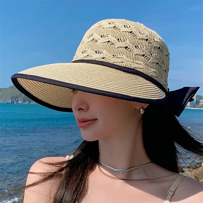 Women Ponytail Straw Sun Hat Wide Brim Visor Summer Adjustable Cap Sun Beach Foldable Hats