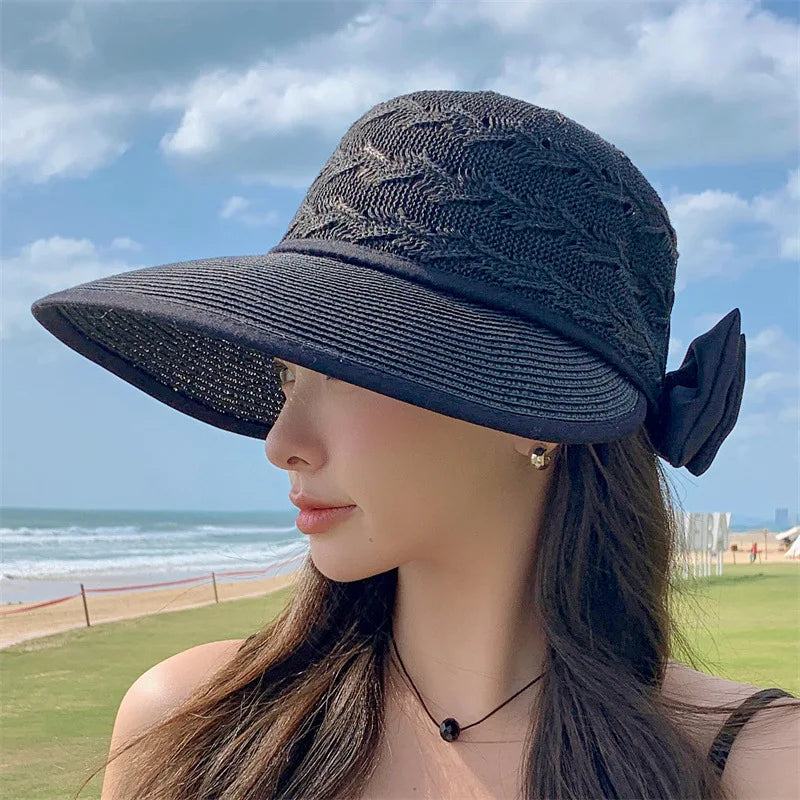 Women Ponytail Straw Sun Hat Wide Brim Visor Summer Adjustable Cap Sun Beach Foldable Hats