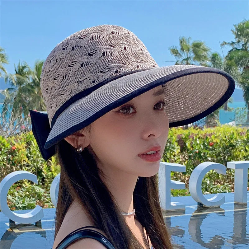 Women Ponytail Straw Sun Hat Wide Brim Visor Summer Adjustable Cap Sun Beach Foldable Hats