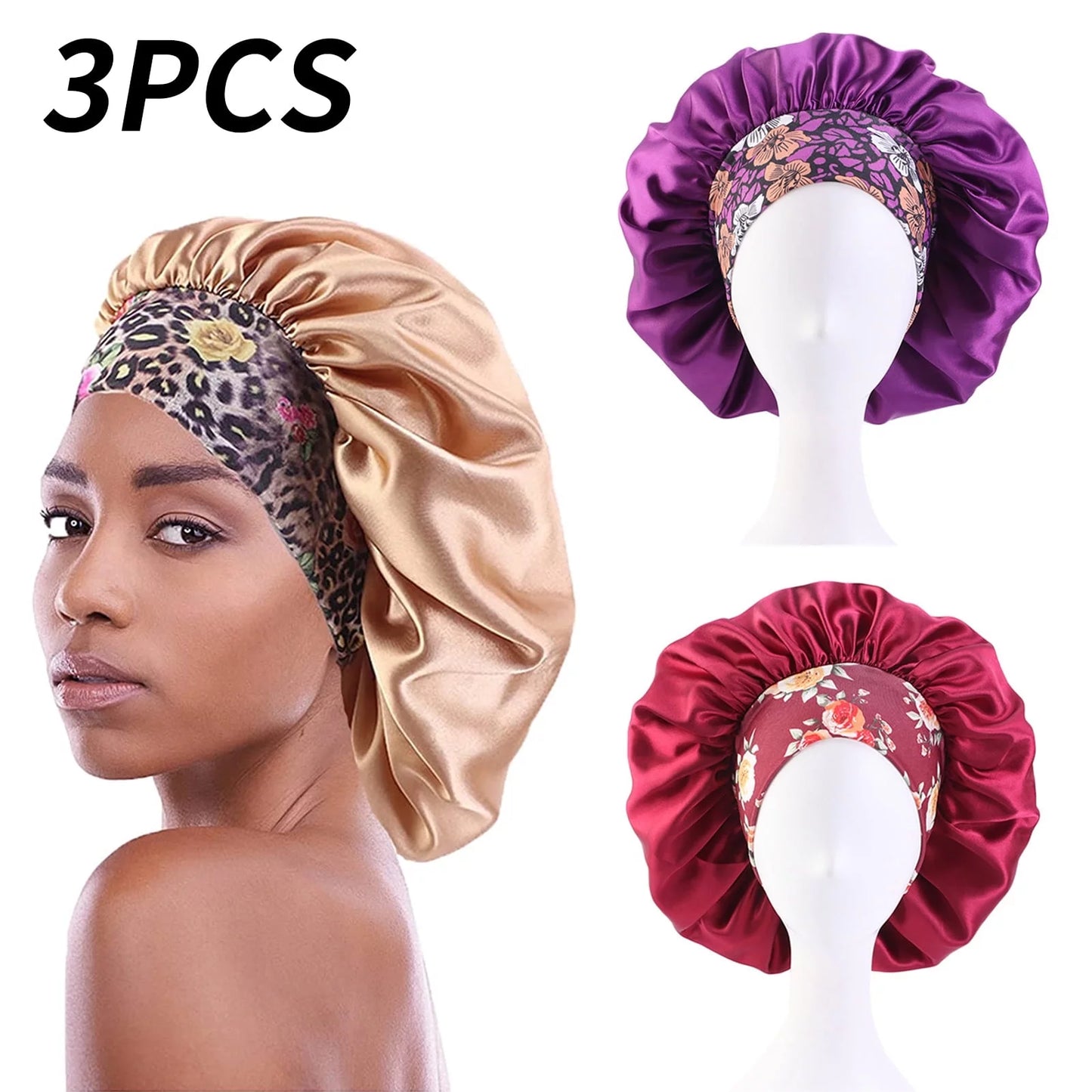 Springcorner 3 Pcs Satin Hair Bonnet for Sleeping, Sleeping Bonnet with Printed Wide Headbands Red Black Blue Satin Caps for Women Large Bonnet Hairwrap Slumber Caps(Black)