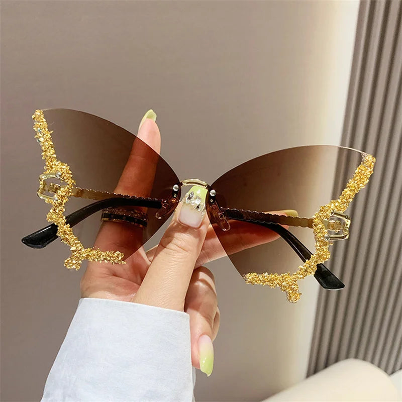 Fashion Sparkling Rhinestone Rimless Butterfly Sunglasses Y2K Women Luxury Brand Vintage Sun Glasses Ladies Eyewear Gafas De Sol