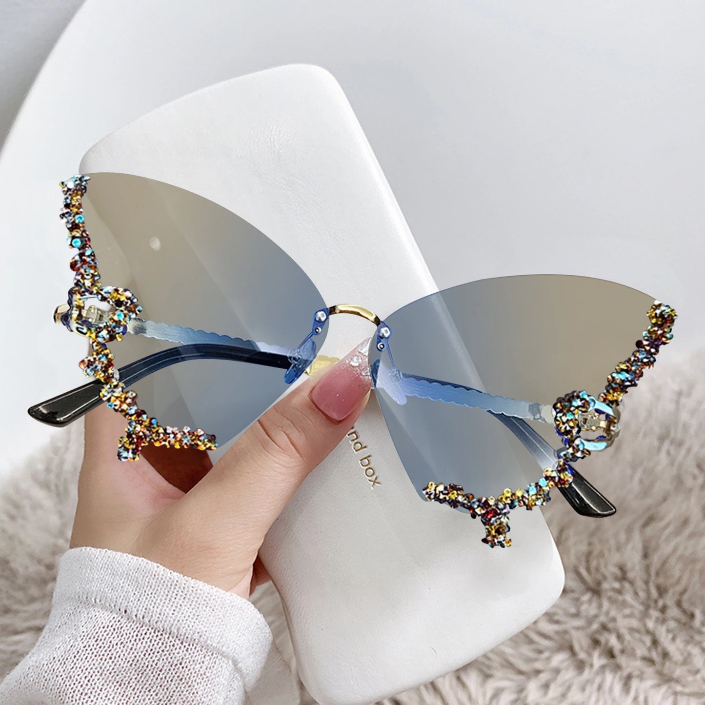 Fashion Sparkling Rhinestone Rimless Butterfly Sunglasses Y2K Women Luxury Brand Vintage Sun Glasses Ladies Eyewear Gafas De Sol