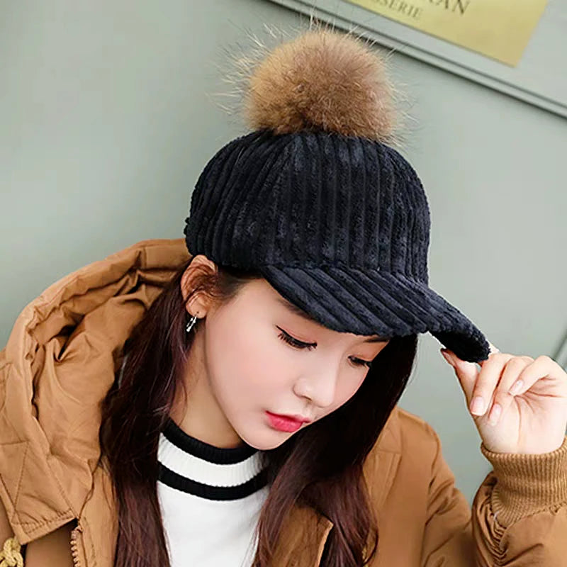 2019 Corduroy Hair Ball Autumn Winter Women Hat Cap Adjustable Fashion Style Baseball Caps Streetwear Casual Warm Female Hat